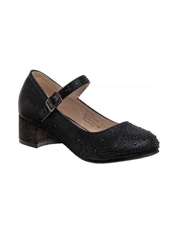 Little Kids Girls Block Heel Rhinestone Dress Shoes, Black, 3