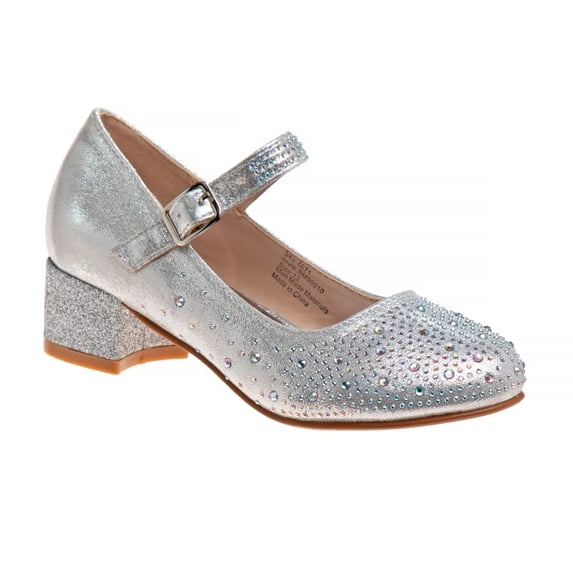 Badgley Mischka Little Kids Girls Block Heel Rhinestone Dress Shoes, Silver, 1