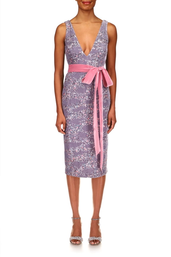 V-Neck Sleeveless Sheath Tie Waist Zipper Closure Sequined Velvet Dress Color: Dove, Size: 2