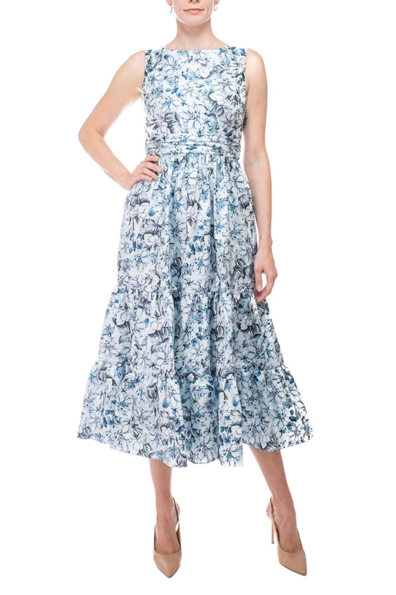 bateau neck sleeveless cutout back ruffled hem A-line floral print jacquard dress