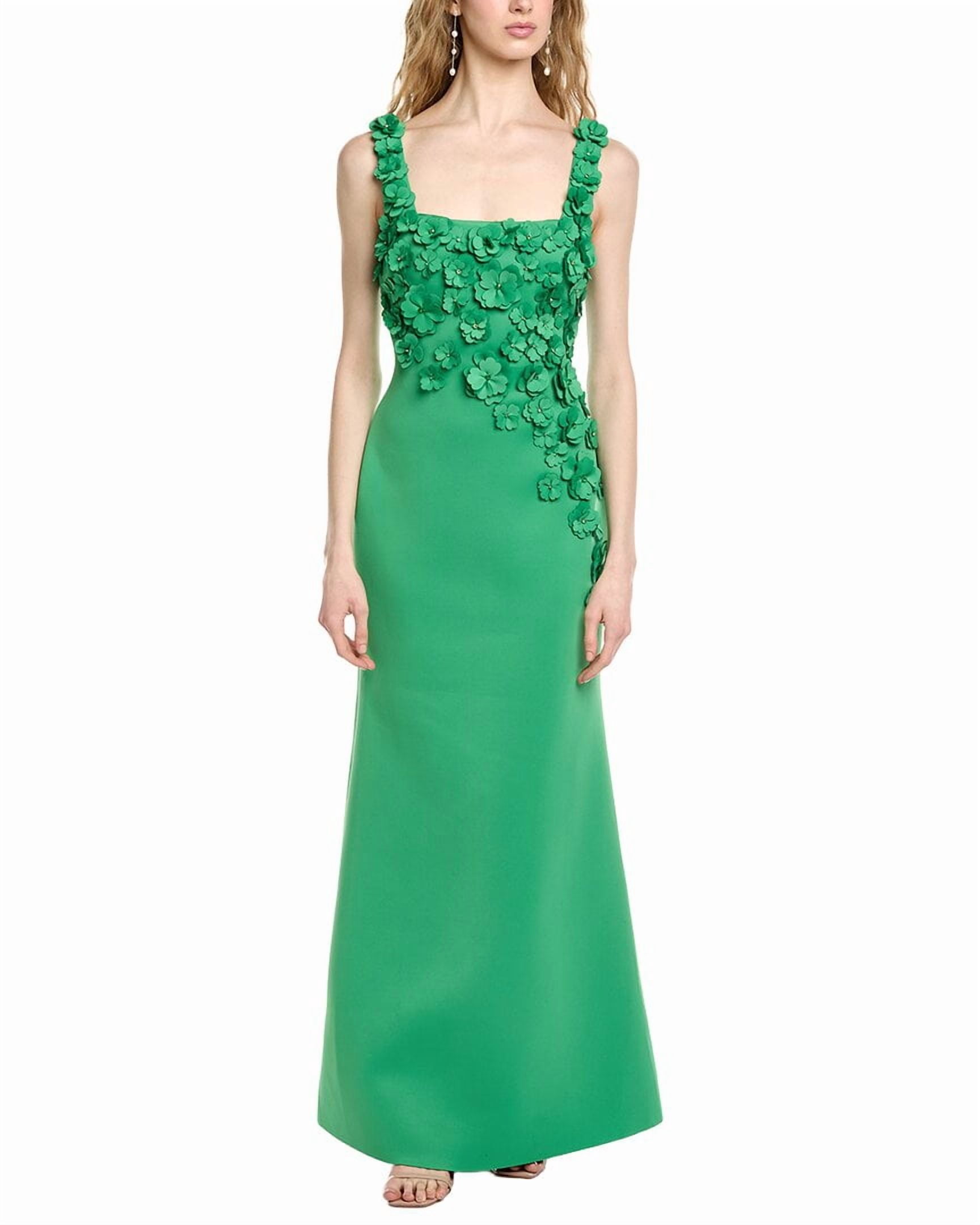 badgley mischka green dress square neck floral appliqu in emerald  Size 4 woven with a luxurious blend of 87% polyester Badgley Mischka V-Neck Knee-Length Dress