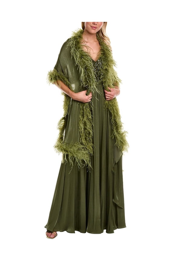 womens  Feather Wrap Gown, 0, Green
