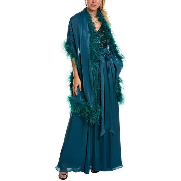 Badgley Mischka womens Feather Wrap Gown, 2, Teal