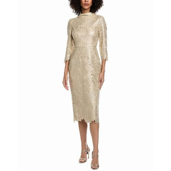Badgley Mischka womens Floral Embroidered Midi Dress, 2, Gold