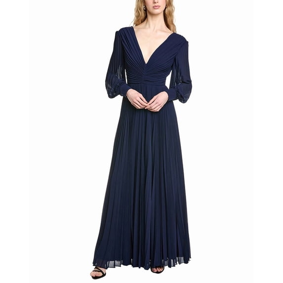 Badgley Mischka womens Pleated V-Neck Gown, 6, Navy