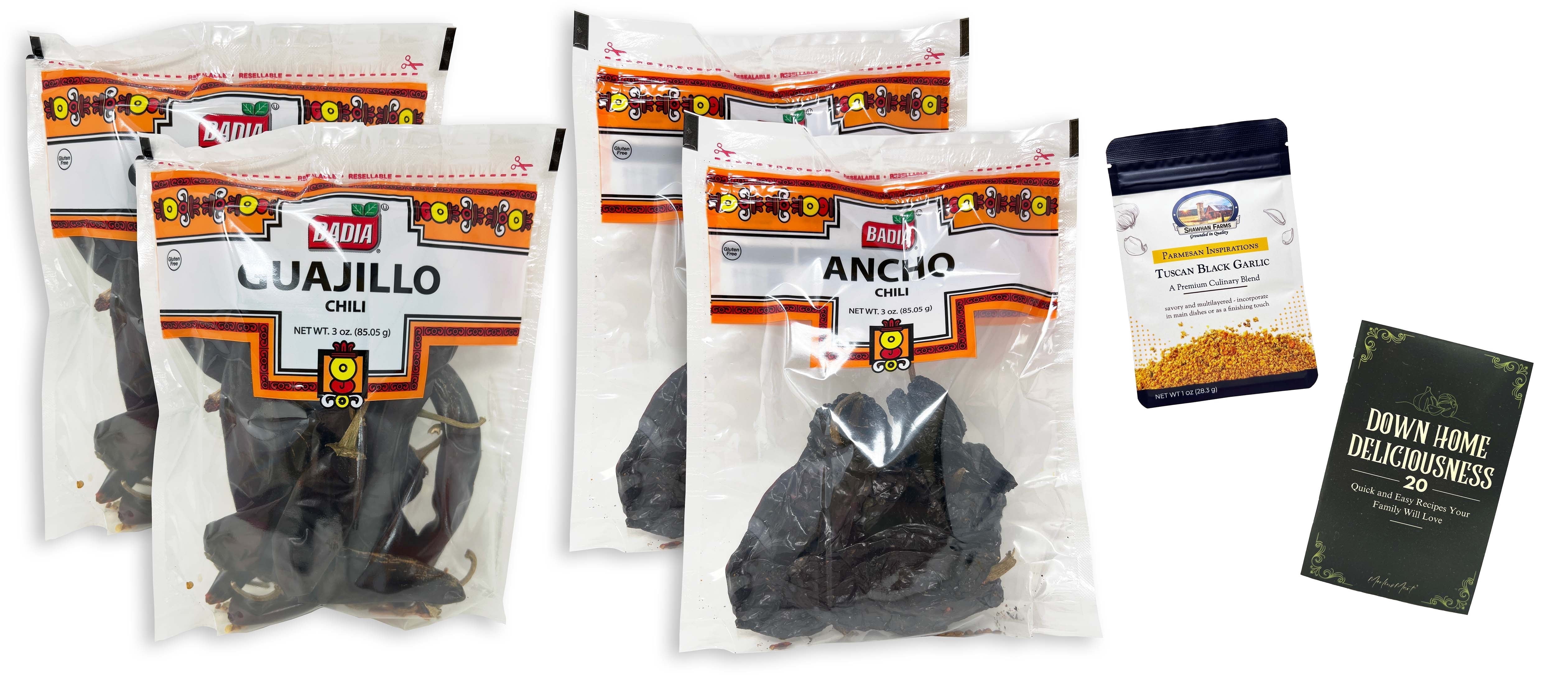Badia Dried Chili Peppers Variety 4-Pack | Guajillo & Ancho | 2 Each | Shawhan Farms Tuscan Black Garlic and MerlinsMart Zine