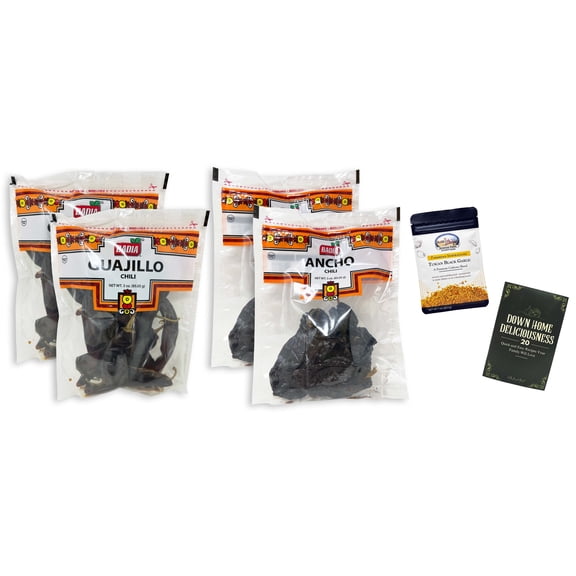 Badia Chili Peppers - 2 Varieties: 2 Each - Cuajullo, Ancho + Shawhan Farms Tuscan Black Garlic and MerlinsMart Zine