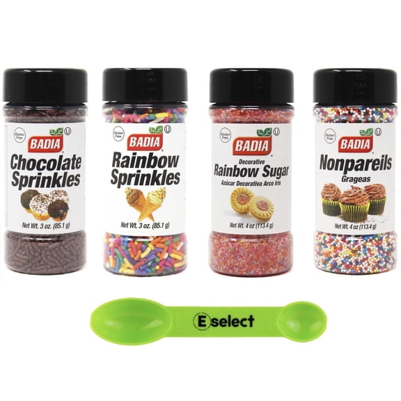 Badia Sprinkles & Decorative Sugar Bundle, (1) 3oz Badia Chocolate Sprinkles, (1) 3 ozBadia Rainbow Sprinkles, (1) 4oz Badia Rainbow Sugar (1) 4oz Badia Nonparelis, (1) Eselect Measuring Spoon