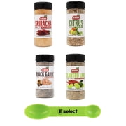 Badia Variety Salt Bundle 1 of each Badia Sriracha Salt 8 Oz, Badia Citrus Salt 7 Oz, Badia Black Garlic Pink Salt 9 Oz, Badia Cilantro Lime Pepper Salt 8 Oz Bundled with an Eselect Measuring Spoon