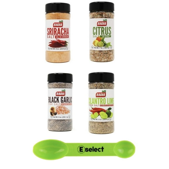 Badia Variety Salt Bundle (1) of each Badia Sriracha Salt 8 Oz, Badia Citrus Salt 7 Oz, Badia Black Garlic Pink Salt 9 Oz, Badia Cilantro Lime Pepper Salt 8 Oz Bundled with an Eselect Measuring Spoon