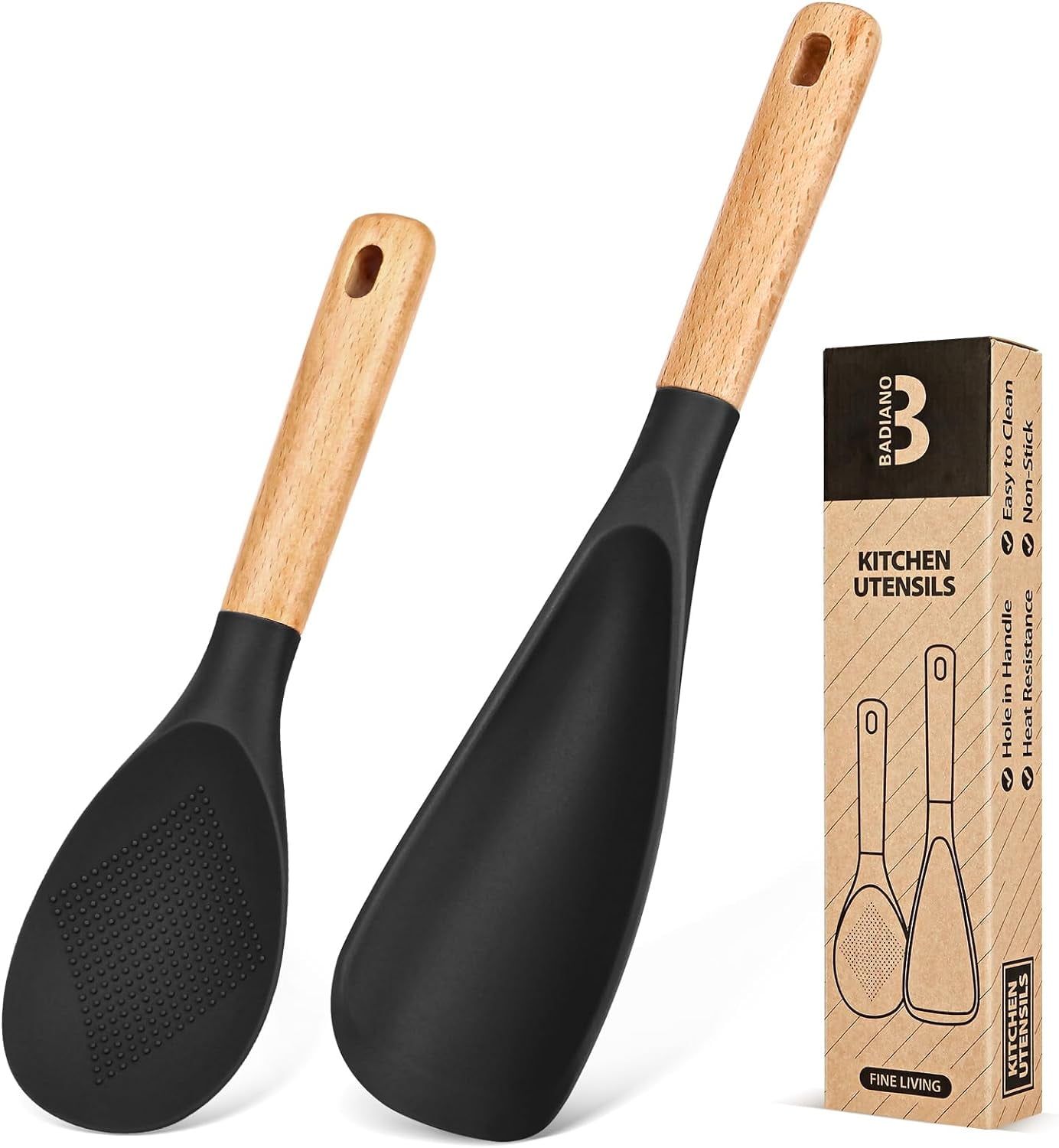 Badiano 2 Pcs Wood Handle Silicone Cooking Spoon Rice Scoop Set for Serving Scraping, Black, New
