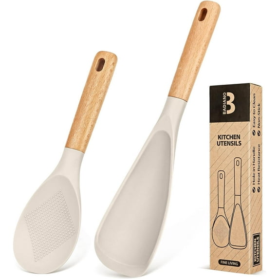Badiano 2 Pcs Wood Handle Silicone Cooking Spoon & Rice Scoop Set for Serving Mixing Scraping,Khaki