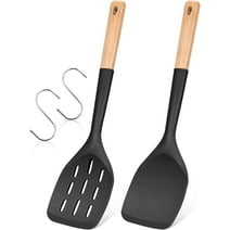 Badiano 2 Pack Wood Handle Silicone Spatula Turner Set,Non-Stick Home Kitchen Cooking Utensil, Black