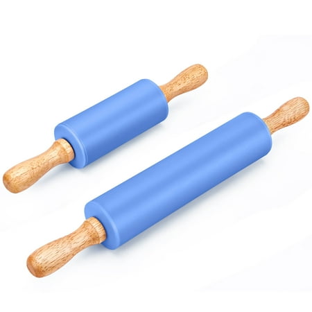 Badiano 2 Pcs Non Stick Wooden Handle 9" 12" Silicone Rolling Pin Sets for Dough Pizza Pastry, Blue