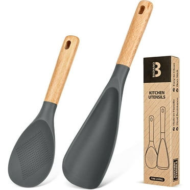 Badiano 2 Pcs Wood Handle Silicone Cooking Spoon and Rice Scoop Set for Serving Mixing Scraping,Gray