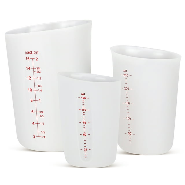 Badiano 3 Pcs High Heat Flexible Silicone Cups Set with ml/oz Marked  for Measuring Pouring, White