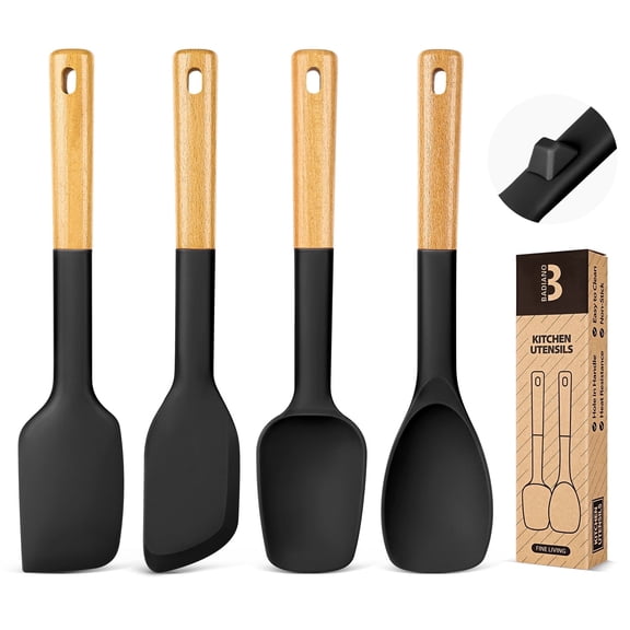 Badiano 4 Pack Silicone Spatula Spoon Set, Wooden Handle Rubber Spoonula for Nonstick Cookware,Black