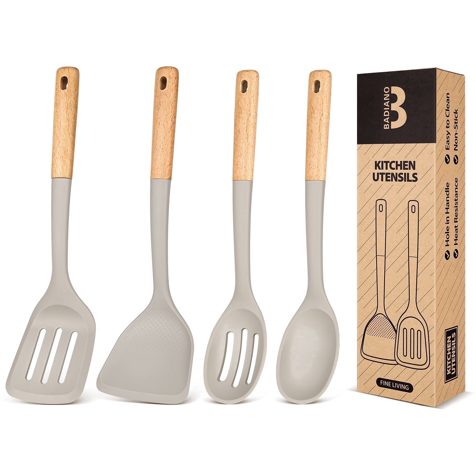 Badiano 4 Pack Wood Handle Silicone Kitchen Cooking Utensils Set for Nonstick Cookware Surface,Khaki