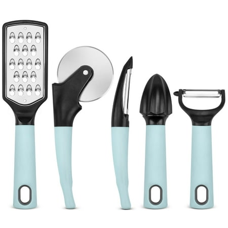 Badiano 5 Pack Stainless Steel Kitchen Gadget Set,Pizza Cutter, Y&I Peeler, Grater, Reamer,Plastic