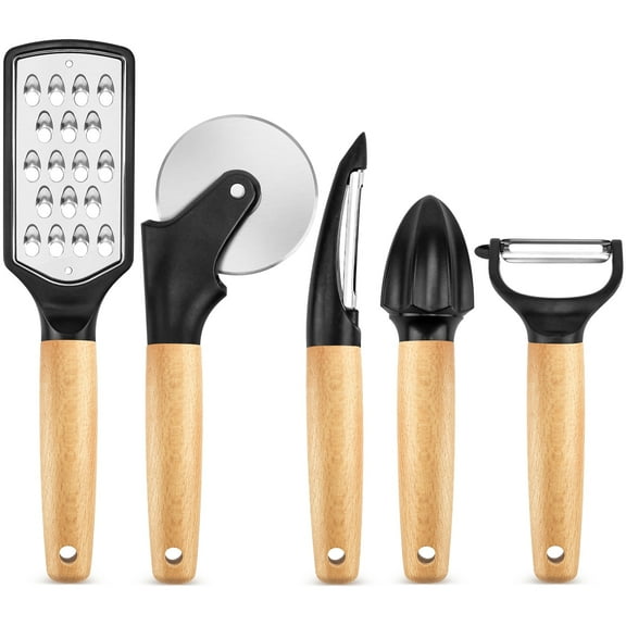 Badiano 5 Pack Stainless Steel Kitchen Gadget Set,Pizza Cutter, Y&I Peeler, Grater, Reamer, Wood