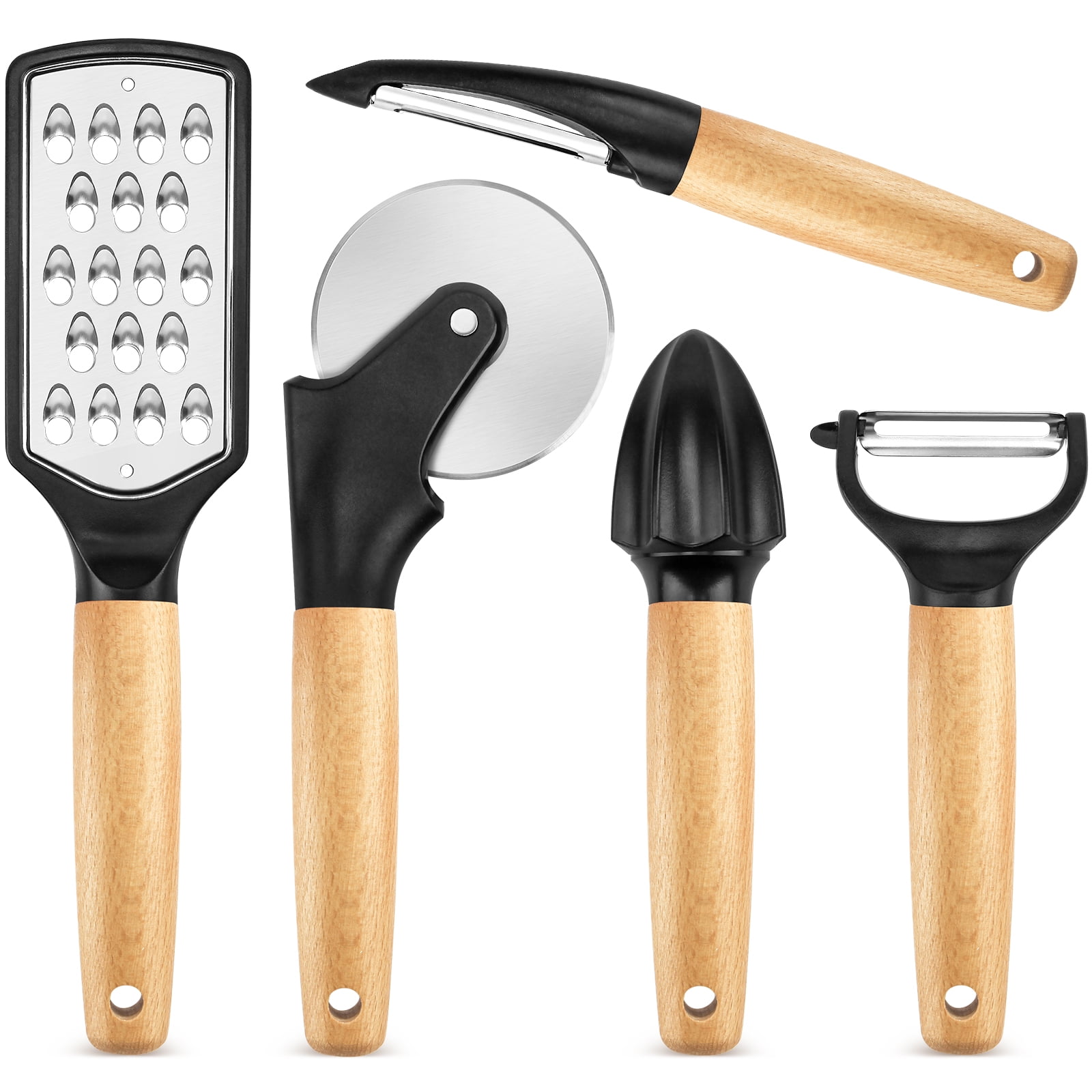 Badiano 5 Pack Stainless Steel Kitchen Gadget Set,Pizza Cutter,Y&I Shape Peelers,Grater,Reamer