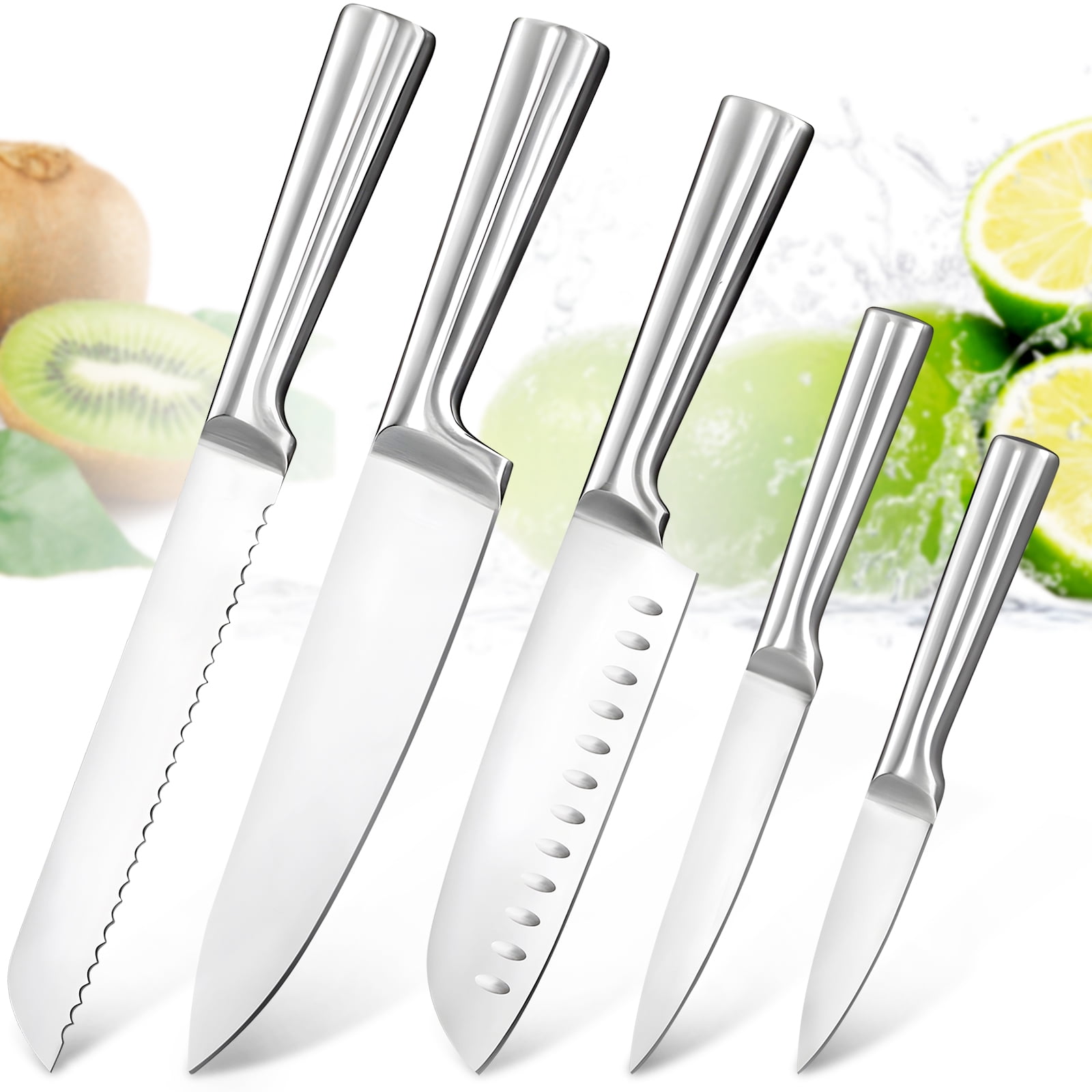 Badiano 5 Pcs Home Kitchen Sharp Knife Set,8" Chef,8" Bread,7" Santoku,5" Utility,3.5" Paring,Silver