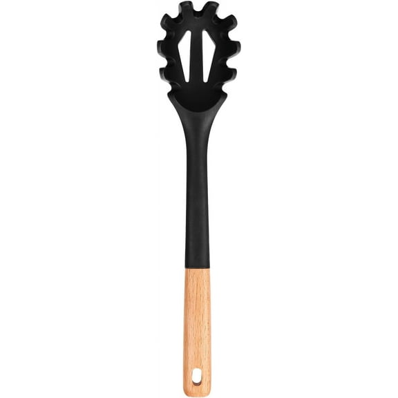 Badiano Black Silicone Pasta Fork,Cooking Draining Strainer,Wooden Spaghetti Server,Weight 0.26 lbs