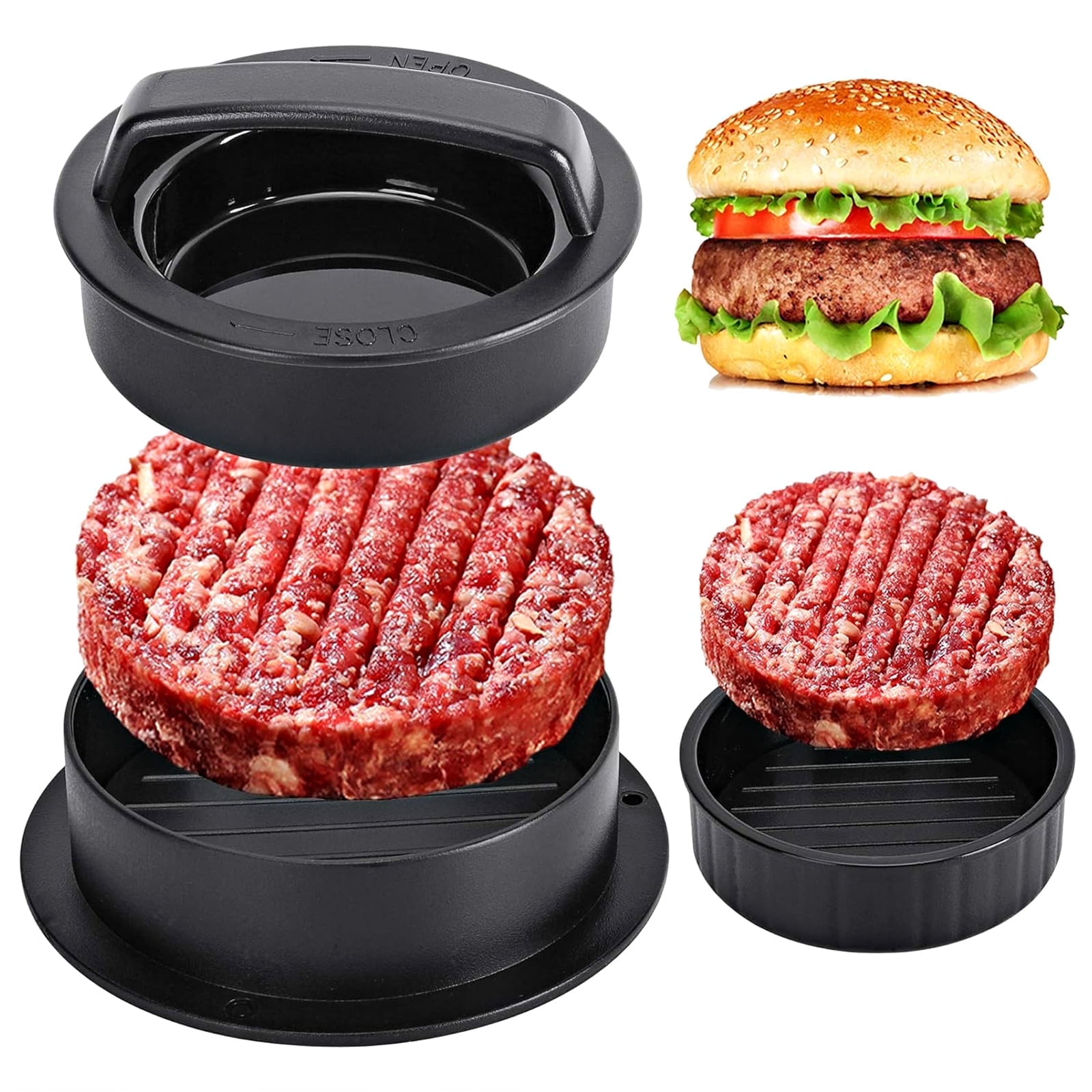 Black Non-Stick Plastic 3-in-1 Hamburger Patty Press Maker