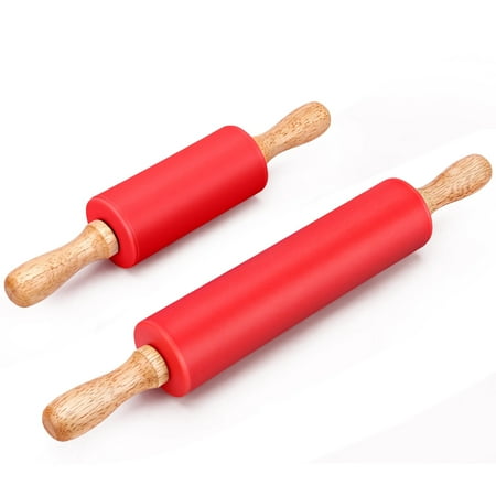 Badiano 2 Pcs Non Stick Wooden Handle 9" 12" Silicone Rolling Pin Sets for Dough Pizza Pastry, Red