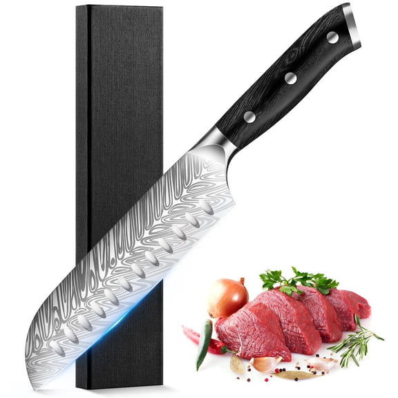 Badiano Professional 7" Santoku Knife, Razor-sharp Chef Kitchen Slicing Knife with 3 Rivets,Silver