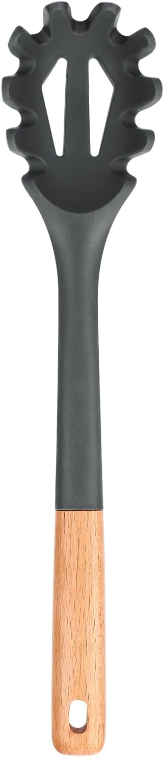 Badiano Silicone Pasta Fork,Noodle Spoon Server, Spaghetti Strainer with Wooden Handle,12.8",Grey