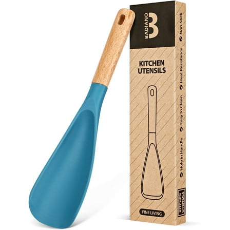 Badiano Wood Handle Silicone Cooking Spoon Spatula for Mixing Scooping Serving Scraping, Blue