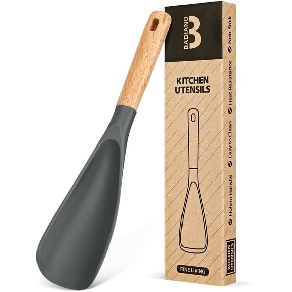 Badiano Wood Handle Silicone Cooking Spoon Spatula for Mixing Scooping Serving Scraping, Gray