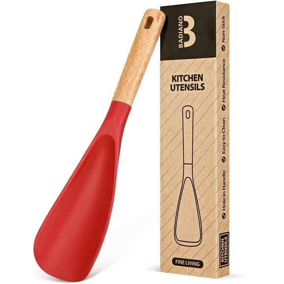 Badiano Wood Handle Silicone Cooking Spoon Spatula for Mixing Scooping Serving Scraping, Red