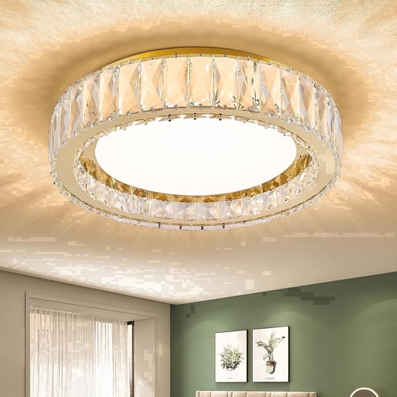 Badiegh 15 inch Dimmable LED Crystal Flush Mount Ceiling Light,Modern Gold 36W 5CCT 3000K-6000K Large Round Lighting Fixtures for Bedroom,Living Room