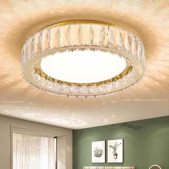 Badiegh 15 inch Dimmable LED Crystal Flush Mount Ceiling Light,Modern Gold 36W 5CCT 3000K-6000K Large Round Lighting Fixtures for Bedroom,Living Room