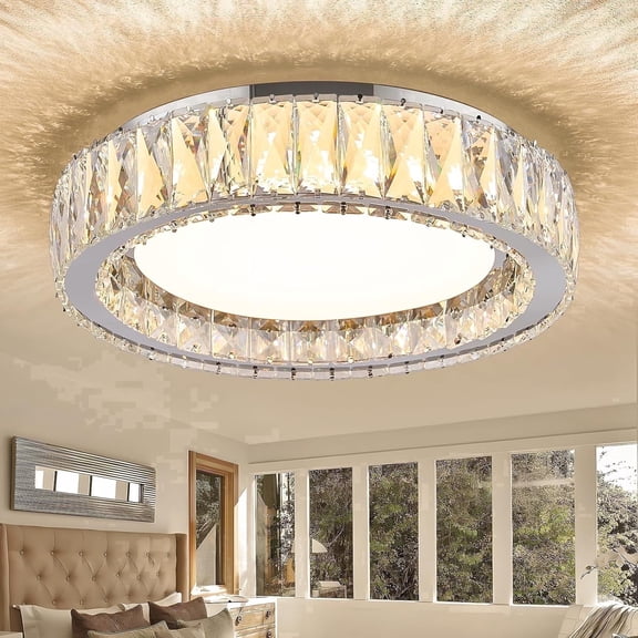 Badiegh Crystal Chrome Flush Mount Ceiling Light,LED Dimmable 5CCT 3000K-6000K Lighting Fixtures Modern Round 36W for Kitchen Bedroom Dining Room 15 inch