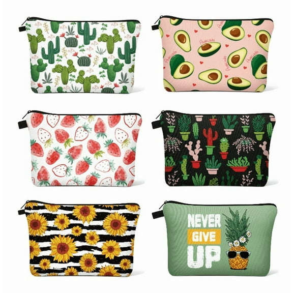Badiya 6 Pcs Initial Makeup Bag, Plant Printed Portable Storage Cosmetic Bag, Gifts for Mom, Sister, Friend