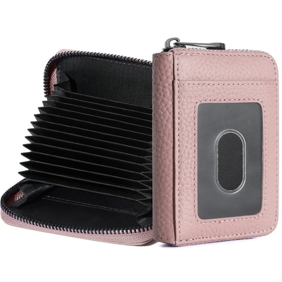 Badiya Genuine Leather RFID Blocking Credit Card Holder Small Wallet Zip Coin Purse for Women & Men