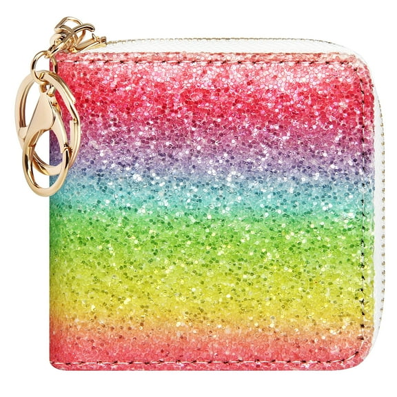 Badiya Small Glitter Wallet for Women Girls Women Mini Coin Purse Pouches with Key Ring