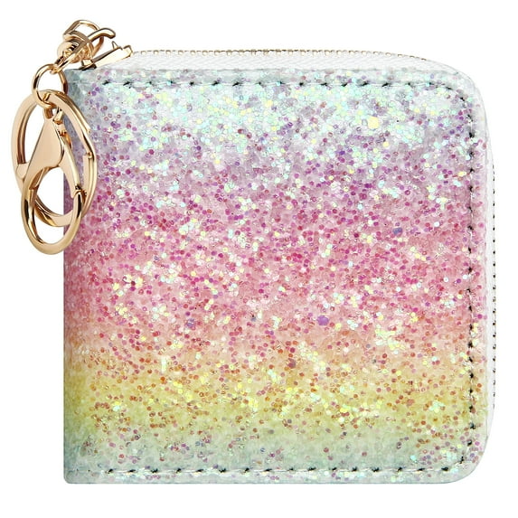 Badiya Small Glitter Wallet for Women Girls Women Mini Coin Purse Pouches with Key Ring