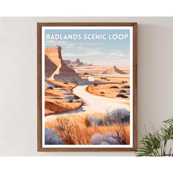Badlands Scenic Loop South Dakota Retro Travel Mid Century Modern Vintage Landscape North America Decor, Unframed Poster