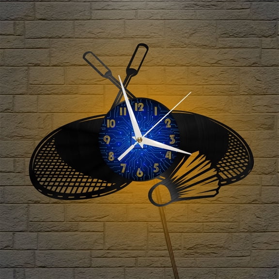 Badminton 12 Inch Vinyl Record Wall Clock - Silent, Creative, and Unique Clock for Living Room, Entryway, or Bedroom Decor - Perfect Gift Idea(12 inchs B with LED)