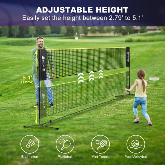 Badminton Net, Height Adjustable Kids Volleyball Net, Foldable Nylon Net 10 ft/14ft/17ft Wide, Tennis Net, Small Pickleball Net for Backyard Game and Indoor Outdoor Use, Easy Setup