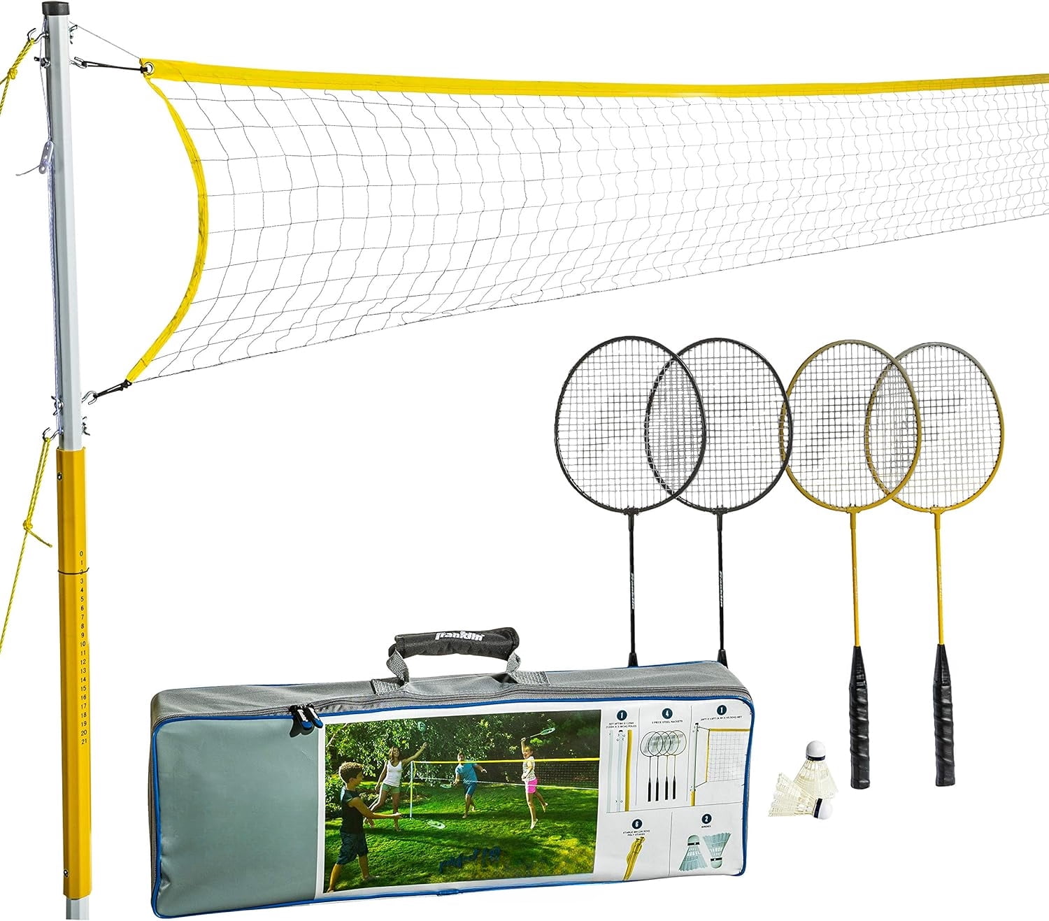 Badminton Net Sets - Outdoor Backyard + Beach Badminton Net + Equipment Set - (4) Rackets + (2) Birdies + Portable Net Included - Adults + Kids Set