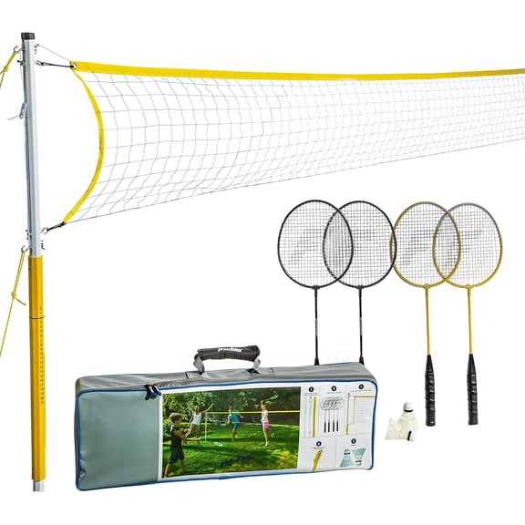 Badminton Net Sets - Outdoor Backyard + Beach Badminton Net + Equipment Set - (4) Rackets + (2) Birdies + Portable Net Included - Adults + Kids Set