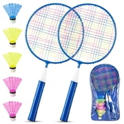 Ponpon Badminton Racket Set, Badminton Training Tool for Kids Beginner Indoor Outdoor Sports Games with Carrying Bag (2 Rackets, 5 Balls, 1 Backpack)