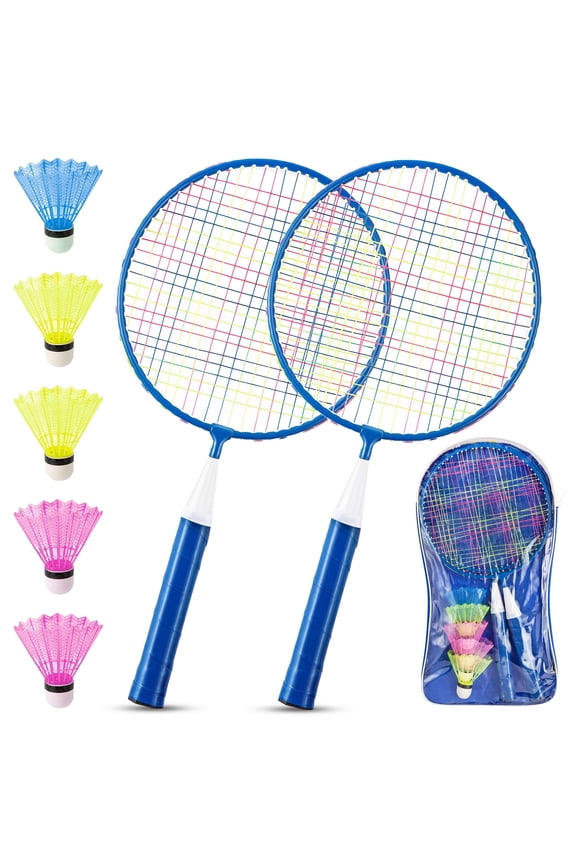Badminton Racket Set, Badminton Training Tool for Kids Beginner Indoor Outdoor Sports Games with Carrying Bag (2 Rackets, 5 Balls, 1 Backpack)
