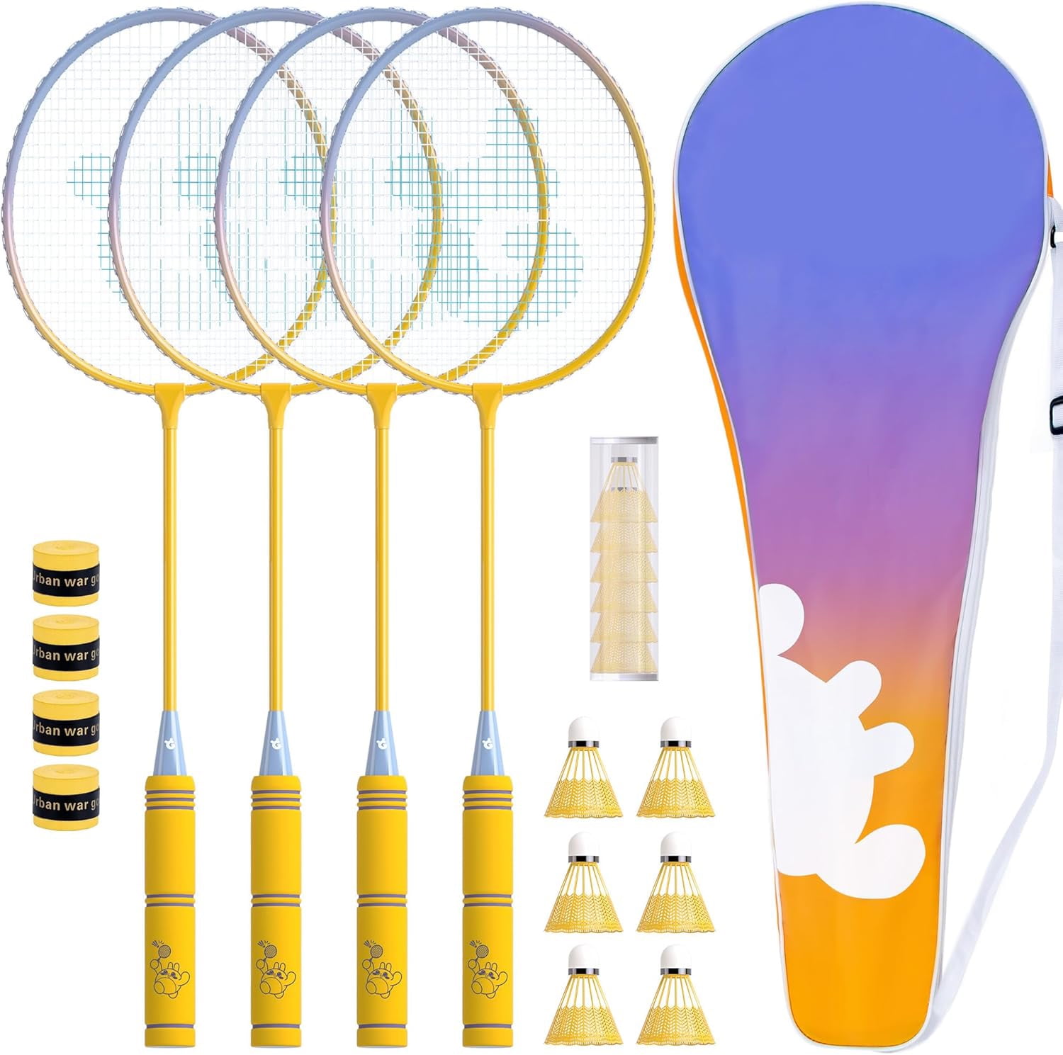 Badminton Rackets Set, Including 4 Rackets, 6 Nylon Shuttlecocks, 4 Replacement Grip Tapes and 1 Carrying Bag, Lightweight Badminton Racquets for Beginners