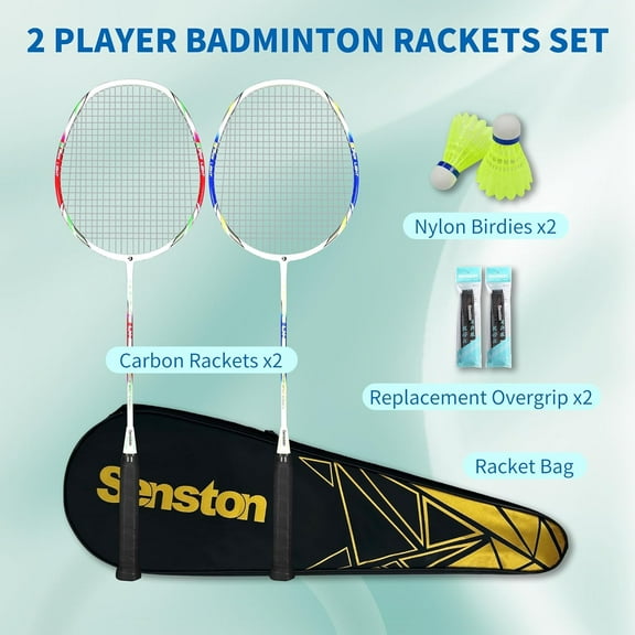 Badminton Rackets Set of 2 with Nylon Shuttlecocks, Random Color Grips & Carrying Bag - Ideal for Beginners